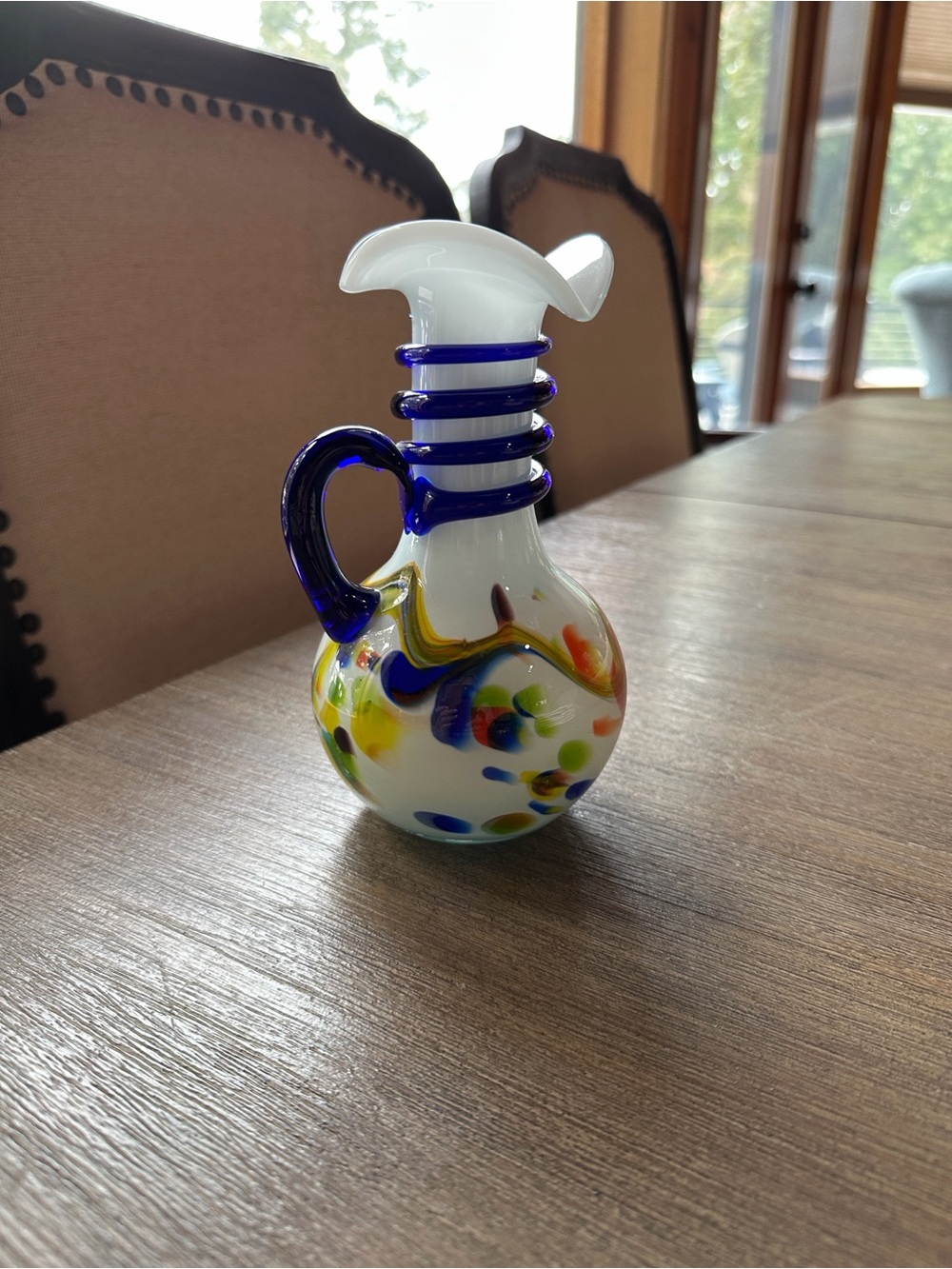Murano White Glass Pitcher with Blue Handle and Multicolor Spots